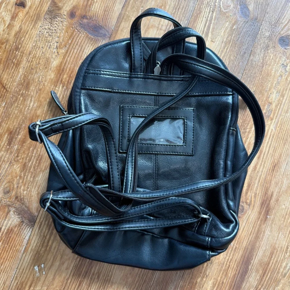 Aurielle Black Leather Mini Backpack Purse Silver Hardware Multi Pocket Travel